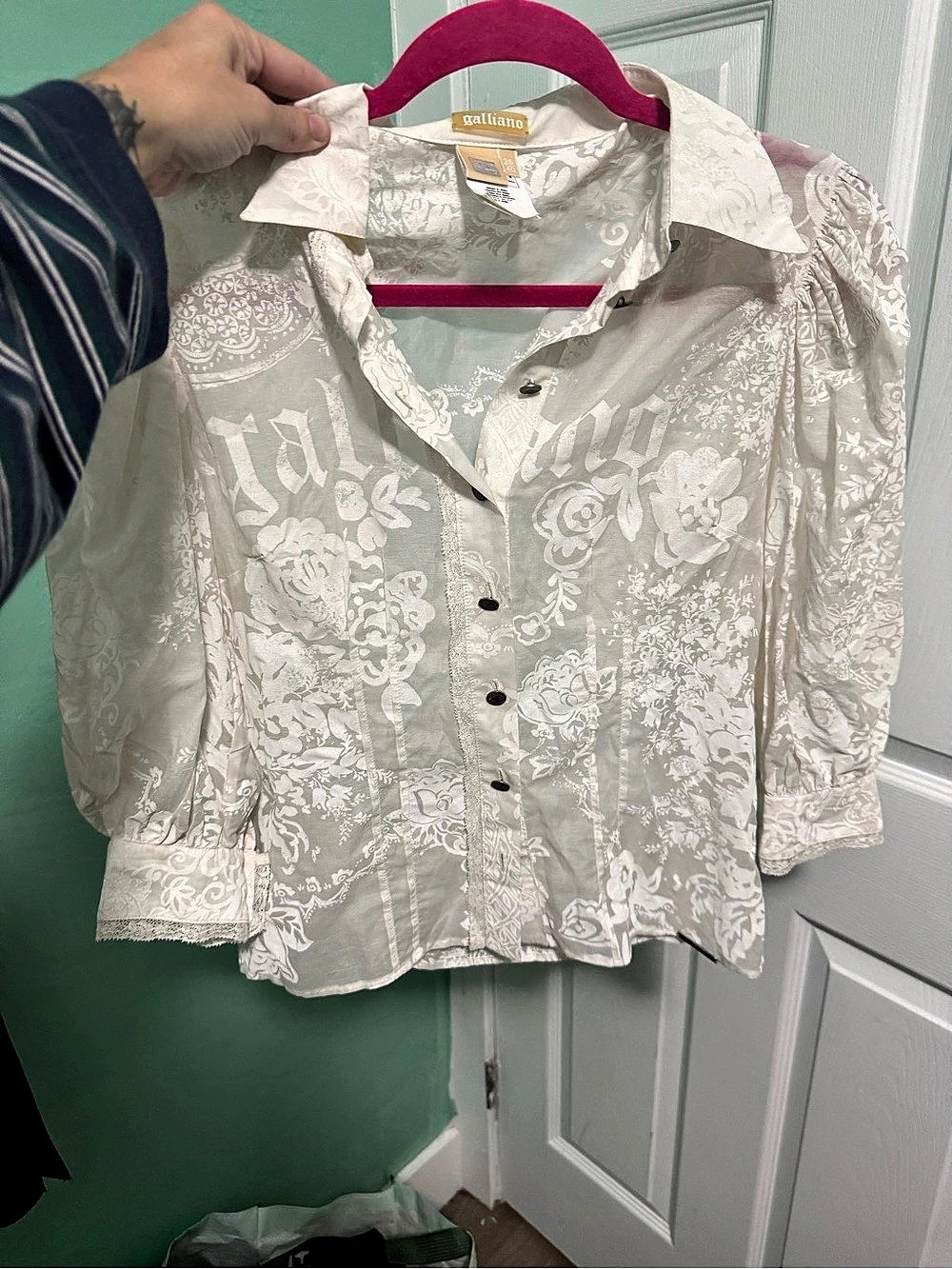 Galliano Floral Button Down Shirt in Green & White Size nwot vintage silk